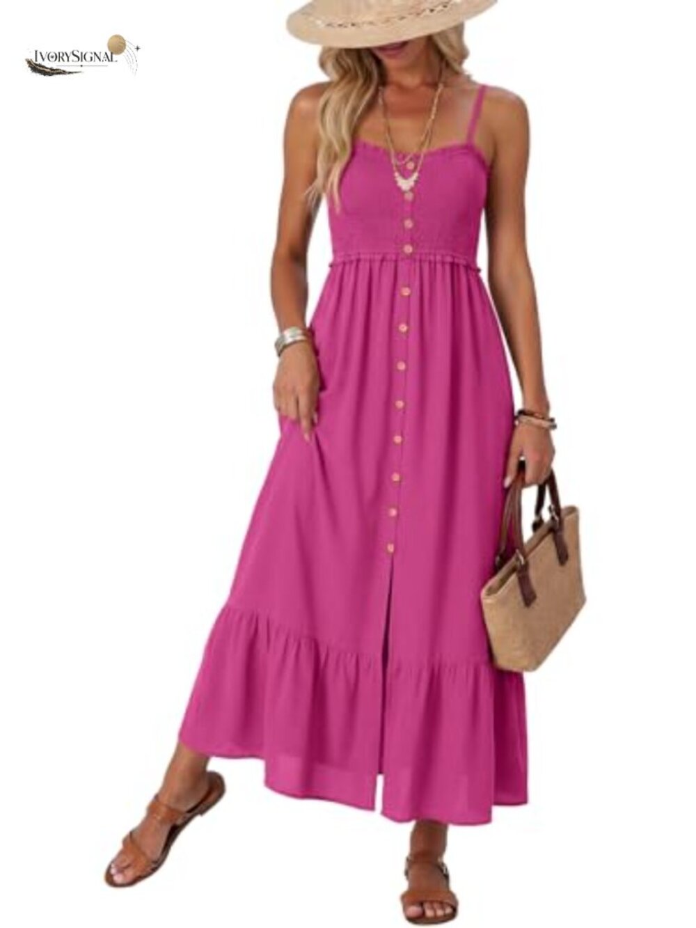Sleeveless Smocked Maxi Dress Button Down Beach Vacation with Pockets